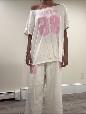 PINK Victoria's Secret Cream Wide-Leg Sweatpants with Pink Logo